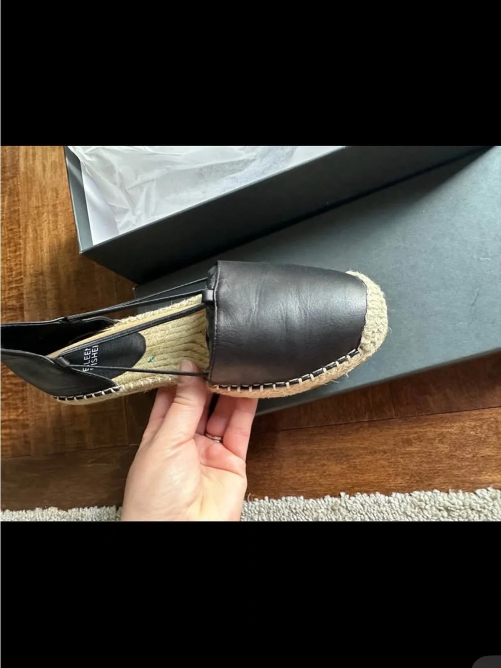 Eileen Fisher Black Leather Espadrille Flats with Elastic Cross-Straps